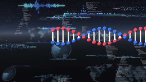 Digitale-Animation-Der-DNA-Struktur,-Die-Sich-über-Die-Datenverarbeitung-Auf-Blauem-Hintergrund-Dreht