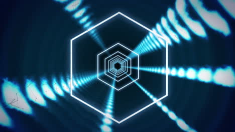 Animation-of-green-connections,-glowing-hexagons-spinning-in-tunnel-of-glowing-lights