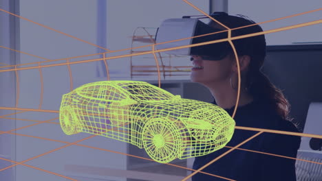 Modelo-De-Automóvil-3D-Sobre-Túnel-Digital-Contra-Una-Mujer-Que-Usa-Auriculares-VR-En-La-Oficina
