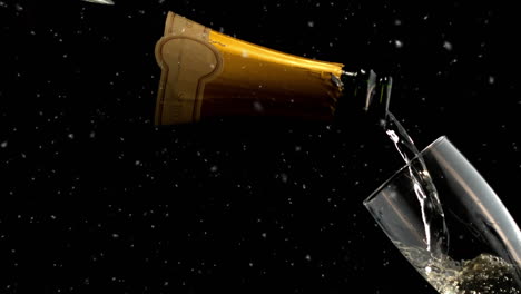 Animation-of-white-spots-over-champagne-pouring-into-glass-on-black-background