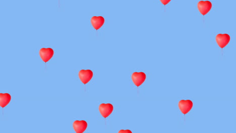 Digital-animation-of-multiple-red-heart-shaped-balloons-floating-against-blue-background