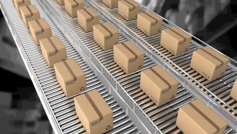 Animation-of-cardboard-boxes-moving-on-conveyor-belts-over-warehouse