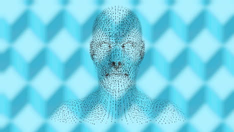 Animation-Eines-Menschlichen-Kopfes-Mit-Binärer-Codierung,-Die-Sich-über-Einem-Gemusterten-Blauen-Hintergrund-Dreht