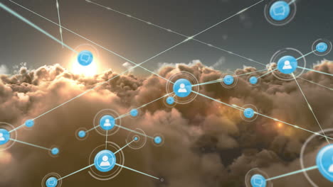 Animation-of-networks-of-connections-with-icons-over-clouds-and-sky