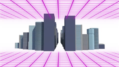 Digital-animation-of-purple-grid-network-over-3d-city-model-against-white-background