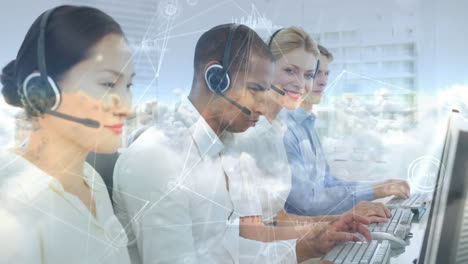 Animation-of-networks-of-connections-over-businesspeople-wearing-phone-headset