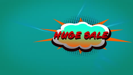 Huge-sale-text-over-retro-speech-bubble-against-blue-digital-waves-on-green-background