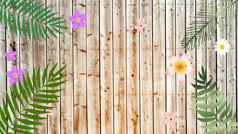 Animation-of-tropical-plant-leaves-and-flowers-on-wooden-background