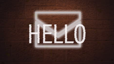 Digital-animation-of-hello-text-over-neon-message-icon-against-brick-wall