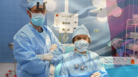 Animation-of-flag-of-france-waving-over-surgeons-in-face-masks
