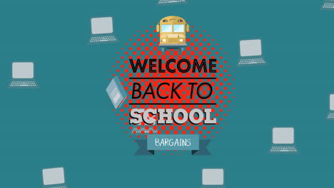 Animation-of-welcome-back-to-school-bargains-text-over-school-items-icons-on-green-background