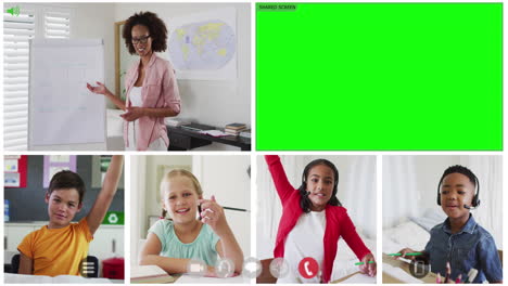 Animation-of-video-call-with-green-screen,-diverse-teacher-and-four-children-in-online-lesson