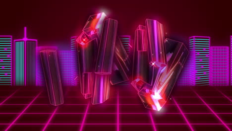 Animation-of-pink-glowing-3d-city-scape-over-colorful-digital-cityscape-and-glowing-moving-pink-grid