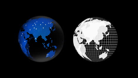 Digitale-Animation-Zweier-Globen-Symbole,-Die-Sich-Vor-Schwarzem-Hintergrund-Drehen