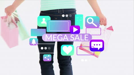 Animation-of-mega-sale-text-with-icons-over-woman-dancing-with-bags-on-white-background
