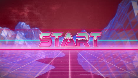 Digital-animation-of-start-text-over-neon-banner-against-3d-mountain-structures-on-red-background