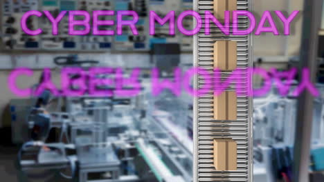 Neon-pink-cyber-monday-text-banner-over-multiple-delivery-boxes-on-conveyer-belt-against-factory