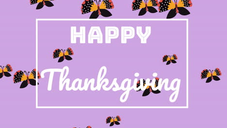 Fröhliches-Thanksgiving-Textbanner-über-Mehreren-Schmetterlingssymbolen,-Die-Vor-Violettem-Hintergrund-Schweben
