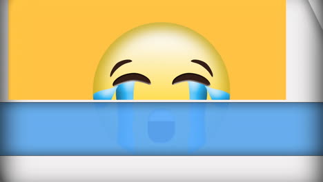 Digital-animation-of-abstract-blue-shapes-over-crying-face-emoji-on-yellow-background