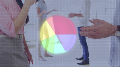 Pie-graph-over-grid-network-against-mid-section-of-businessman-and-businesswoman-shaking-hands