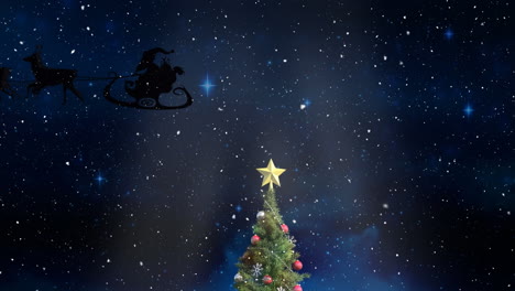 Animation-of-snow-falling,-christmas-tree-over-black-background