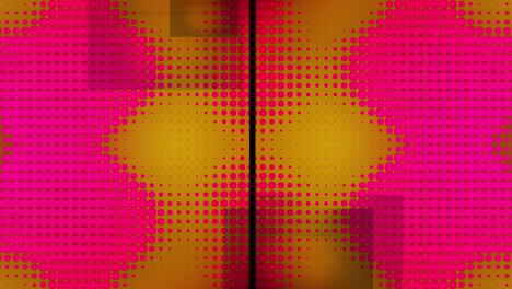Animation-of-split-screen-with-grey-squares-and-pink-pixels-changing-size-on-yellow-background