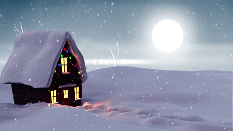 Schnee-Fällt-über-Das-Haus-In-Der-Winterlandschaft-Vor-Dem-Mond-Am-Nachthimmel