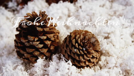 Animation-of-german-greeting-text-over-snow-and-pine-cones-christmas-decorations