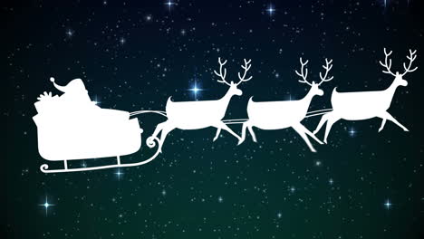 Animation-of-santa-claus-in-sleigh-with-reindeer-and-stars-falling-over-dark-background