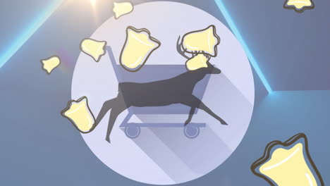 Multiple-bell-icons-falling-over-silhouette-of-reindeer-running-against-qr-code-and-glowing-tunnel