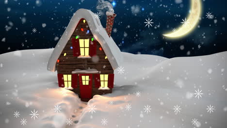 Animation-of-snow-falling-in-night-winter-landscape-with-house-seen-through-window