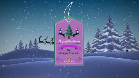 Animation-of-gift-tag-with-season's-greetings-over-santa-claus-in-sleigh-over-winter-landscape