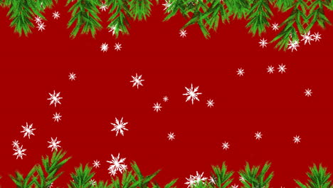 Christmas-tree-branches-and-snowflakes-icons-falling-against-red-background