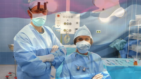 Animation-of-flag-of-netherlands-waving-over-surgeons-in-operating-theatre