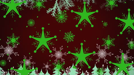 Animation-of-green-stars-and-snowflakes-over-dark-background