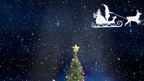 Animation-Von-Fallendem-Schnee,-Weihnachtsbaum,-Schlitten-Und-Regenhirsch-Auf-Schwarzem-Hintergrund