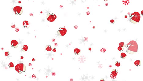 Animation-of-snow-and-santa's-hats-falling-on-white-background