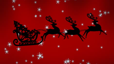Star-icons-falling-over-christmas-tree-in-sleigh-being-pulled-by-reindeers-against-red-background