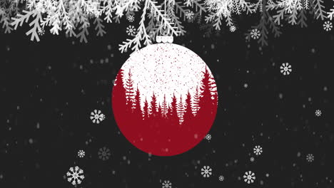 Animation-of-fir-tree-and-bauble-over-snow-falling-on-black-background