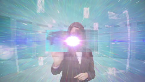 Animation-of-businesswoman-touching-screen-with-data-processing