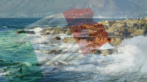Digitale-Komposition-Der-Wehenden-Italienischen-Flagge-Gegen-Meereswellen,-Die-Auf-Die-Felsen-Schlagen