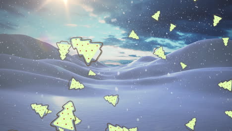 Animation-of-snow-and-christmas-tress-falling-over-winter-scenery