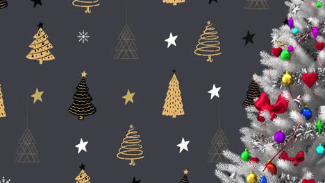 Animation-of-christmas-baubles-decorations-on-christmas-tree-on-grey-background