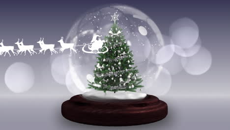 Animation-of-santa-claus-in-sleigh-with-reindeer-over-snow-globe-on-grey-background