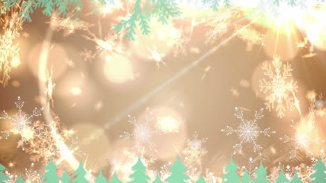 Animation-of-snowflakes-falling-over-green-tree-tops-and-bokeh-white-lights