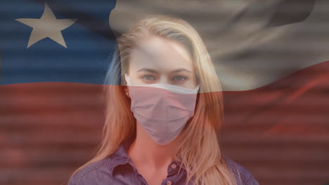 Animation-of-flag-of-chile-waving-over-woman-wearing-face-mask-during-covid-19-pandemic