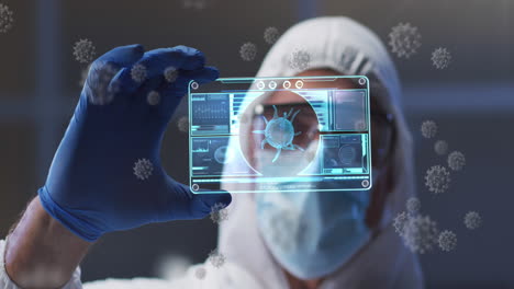 Animation-Von-Viruszellen-Und-Digitaler-Schnittstelle-über-Einem-Männlichen-Arzt-Mit-Gesichtsmaske
