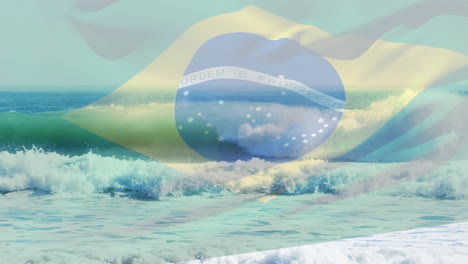 Composición-Digital-De-Ondear-La-Bandera-De-Brasil-Contra-Las-Olas-En-El-Mar