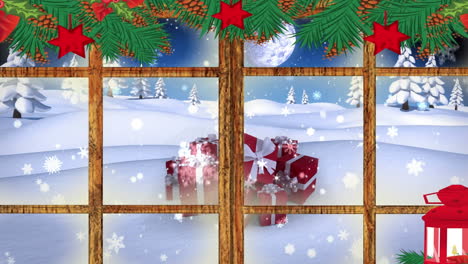 Animation-of-winter-landscape-and-gifts-seen-through-window