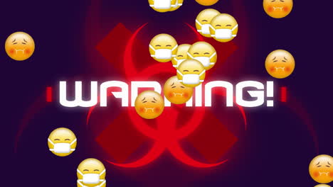 Multiple-face-emojis-floating-against-warning-text-over-biohazard-symbol-on-blue-background